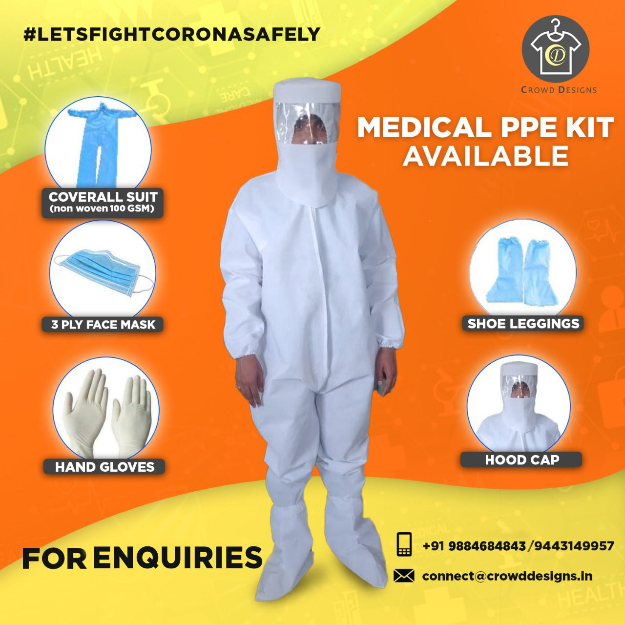 Medical PPE kit (CoverallSuit, Facemask,Hand gloves, Shoeleggings,Hoodcap) - SITRA Certified Coverall